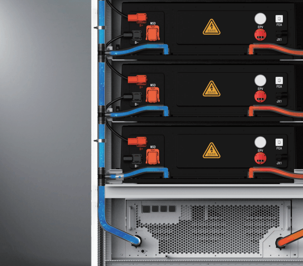 Integrated ESS architecture diagram showing PCS, Battery, EMS, Grid, Load connections